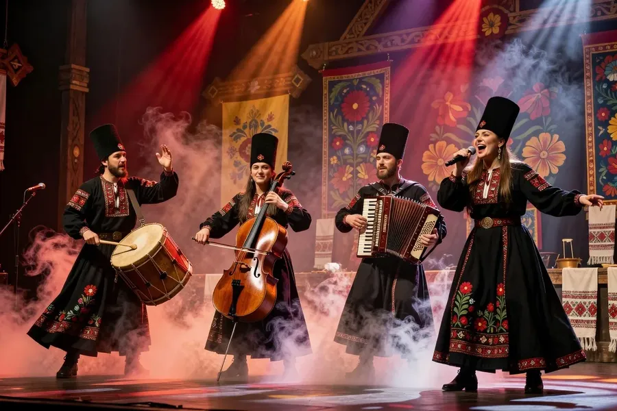 DakhaBrakha en concert folk ukrainien, costumes noirs et chapeaux hauts