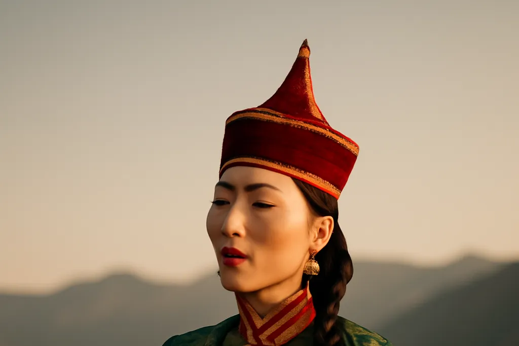 Femme touvaine chantant le khoomei en tenue traditionnelle rouge devant les montagnes de Touva