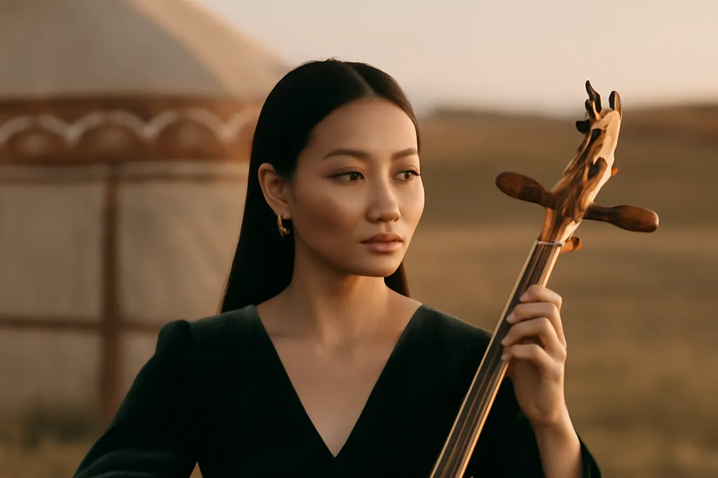 Femme touvaine jouant de l'igil, vièle à tête de cheval, devant une yourte dans la steppe