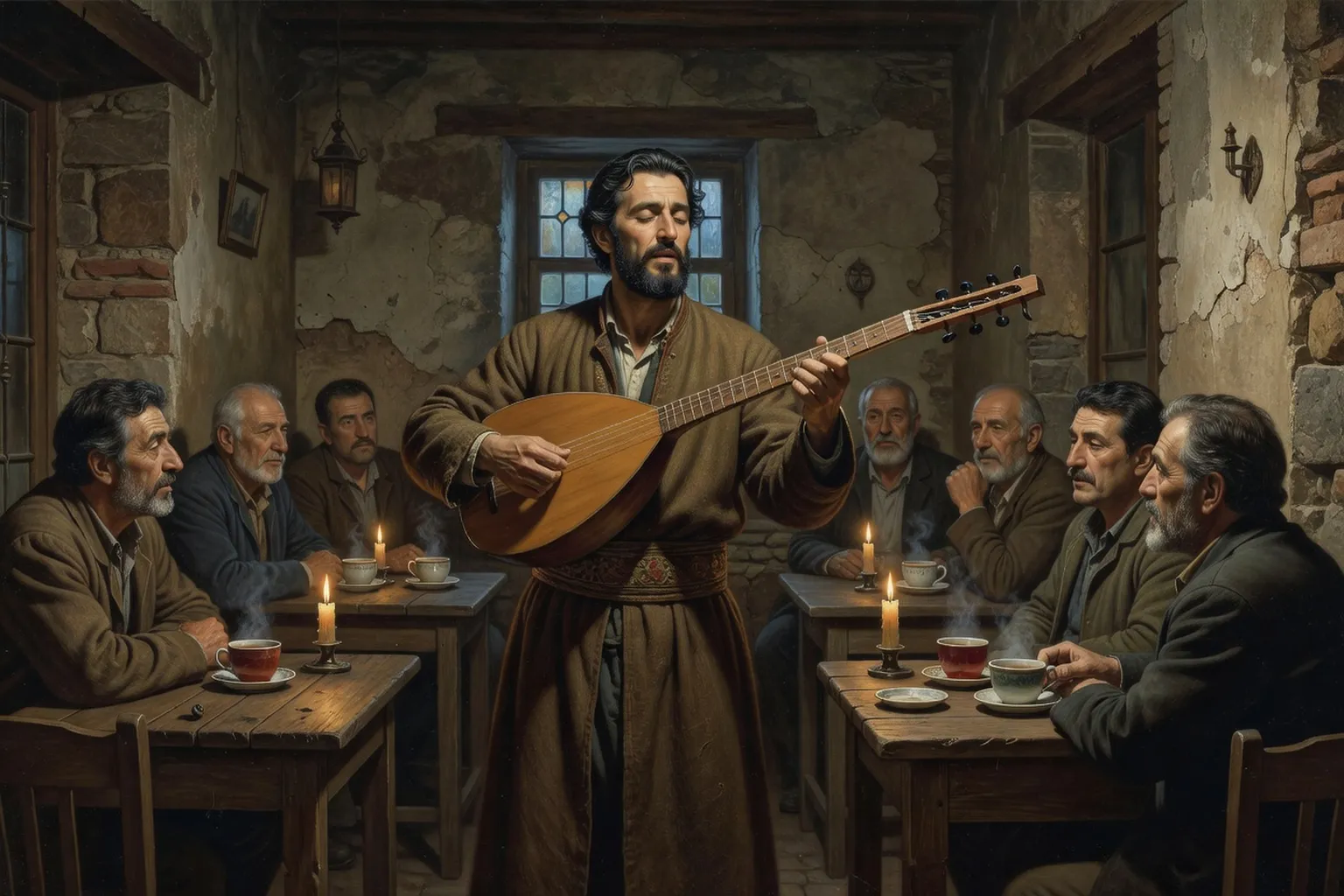 Ashough arménien en costume traditionnel jouant du tar dans un café tbilissien