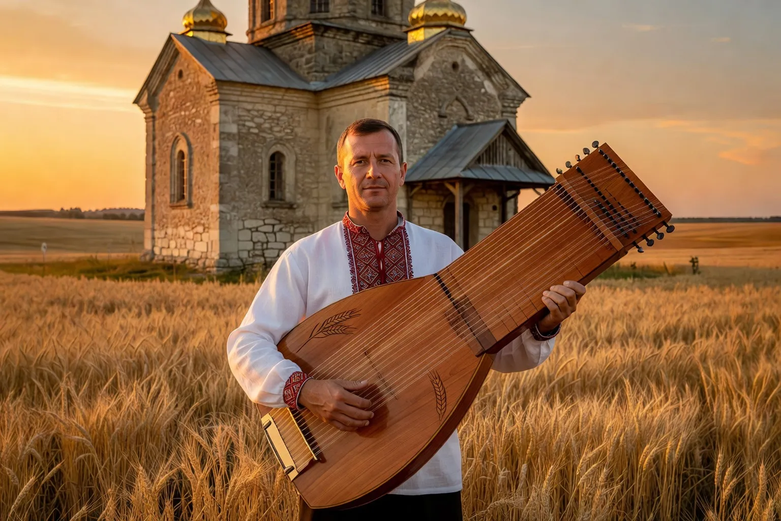 Bandoura ukrainienne moderne en bois sculpté posée devant un paysage ukrainien
