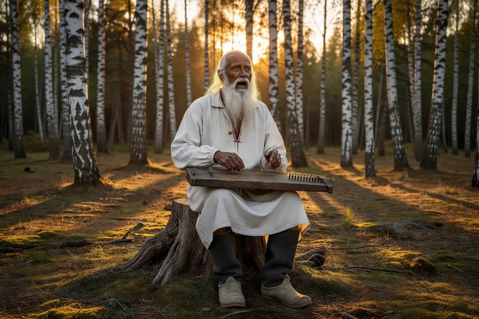 Skaziteli russe en costume traditionnel chantant une byline accompagné d'un gusli