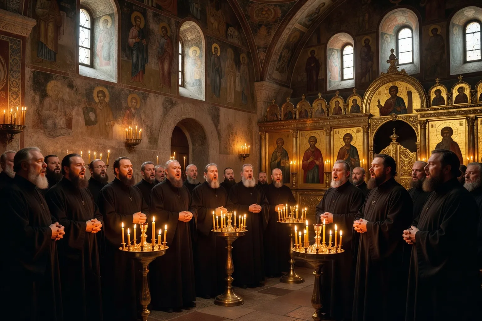 Chœur orthodoxe russe en surplis blanc chantant dans une église à coupoles