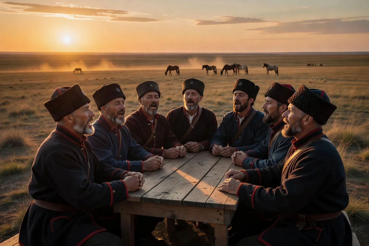 Chœur cosaque du Don en uniforme traditionnel chantant à plusieurs voix