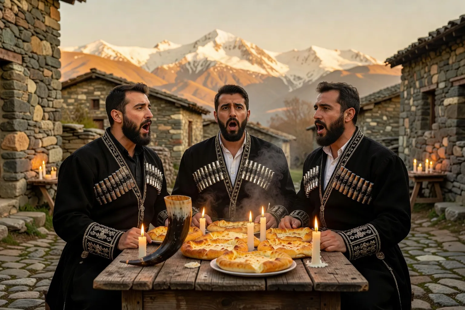 Trois chanteurs géorgiens en costume tchokha pratiquant un chant à trois voix