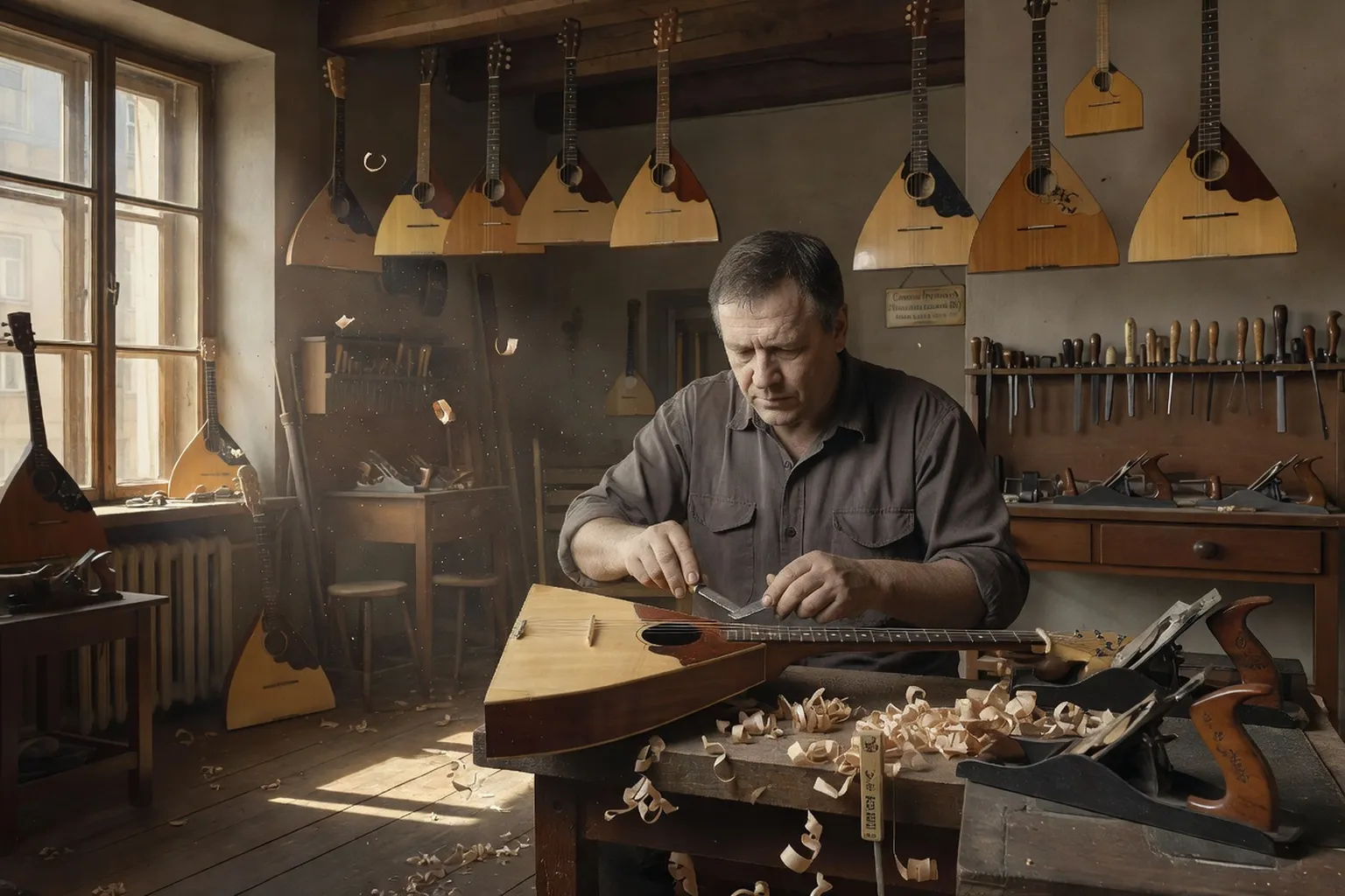 Luthier russe travaillant une balalaïka dans son atelier à Saint-Pétersbourg