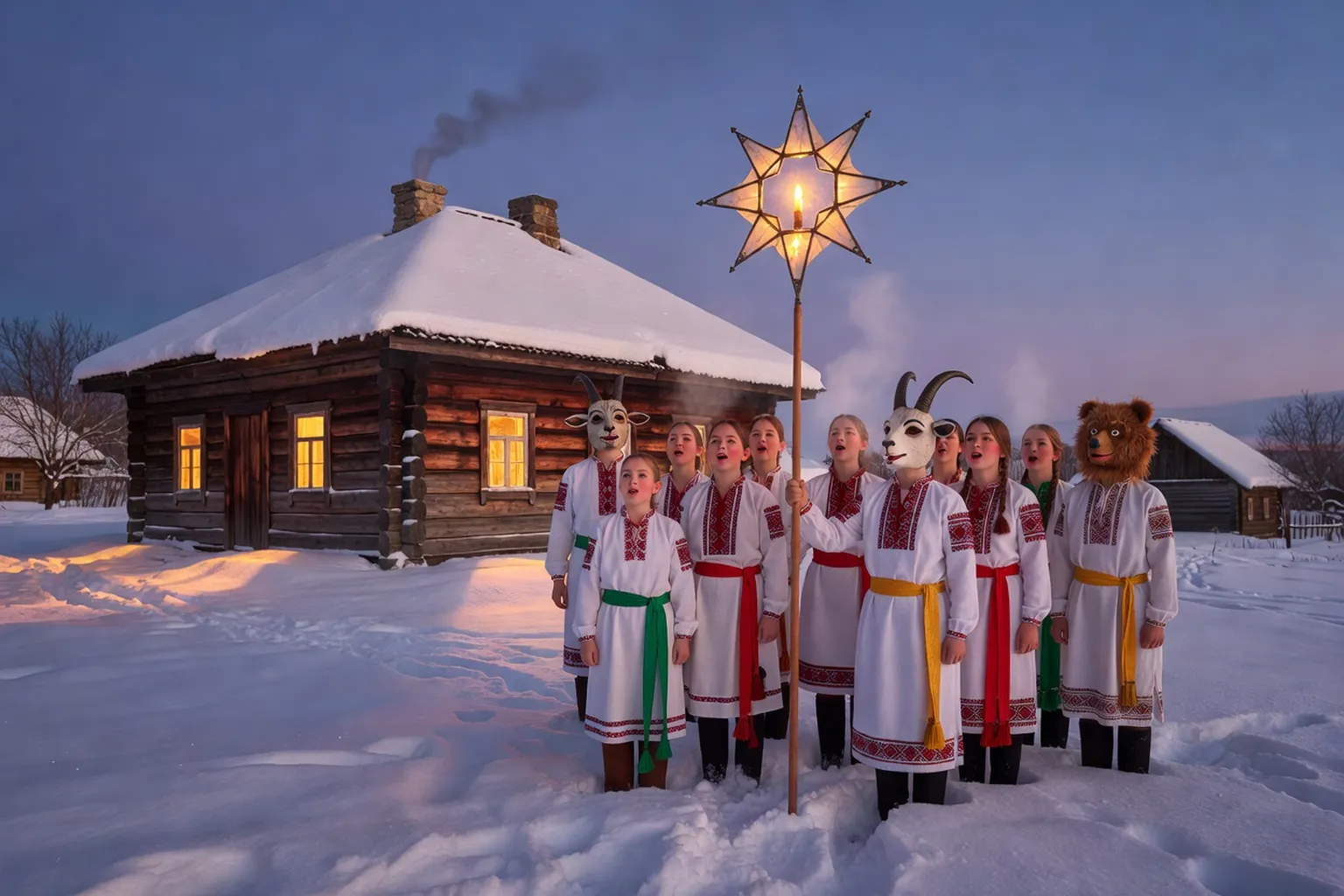 Jeunes Ukrainiens masqués chantant des koliady devant une isba enneigée