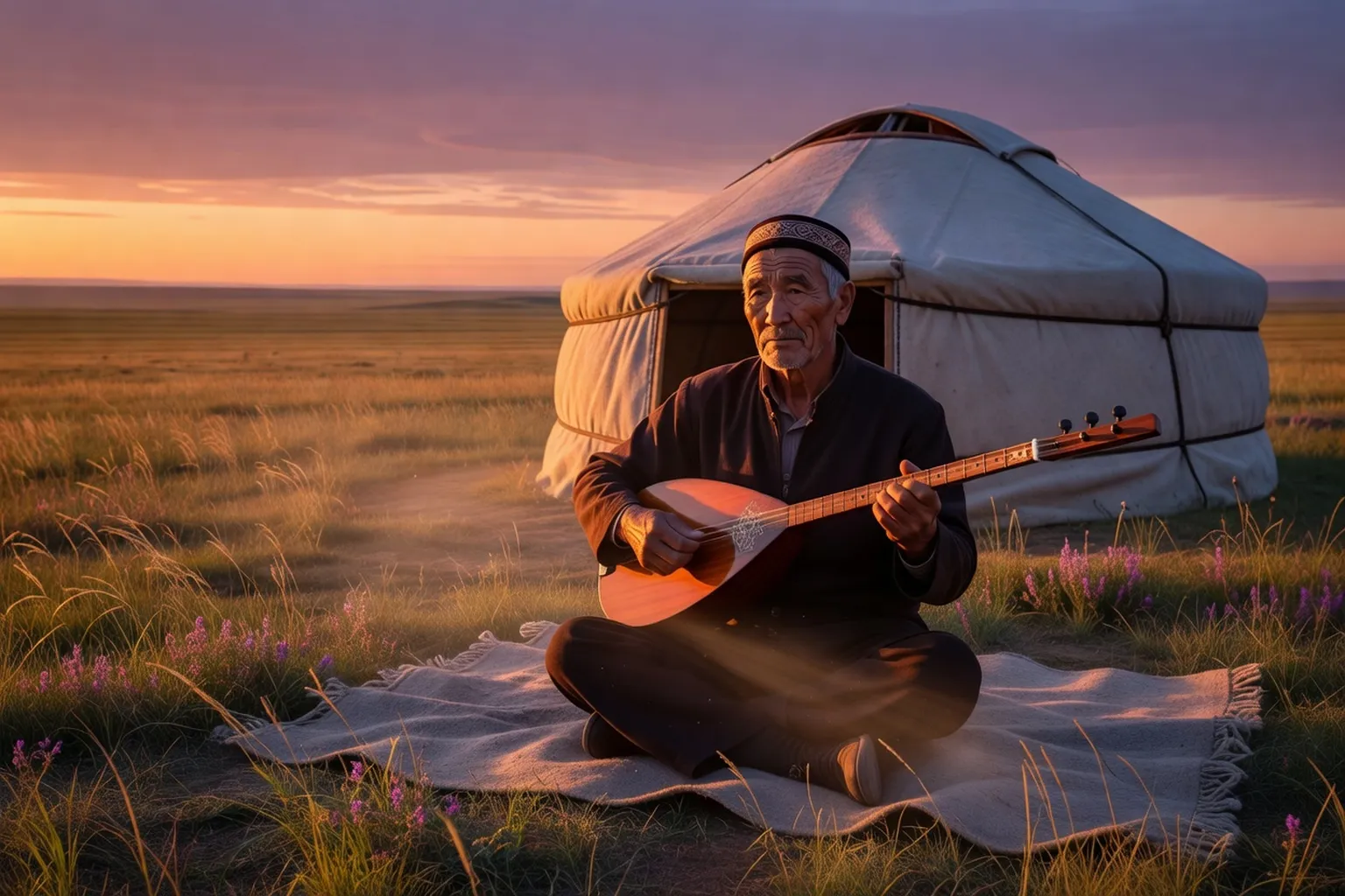 Joueur de dombra kazakh dans la steppe en train de jouer un kuy