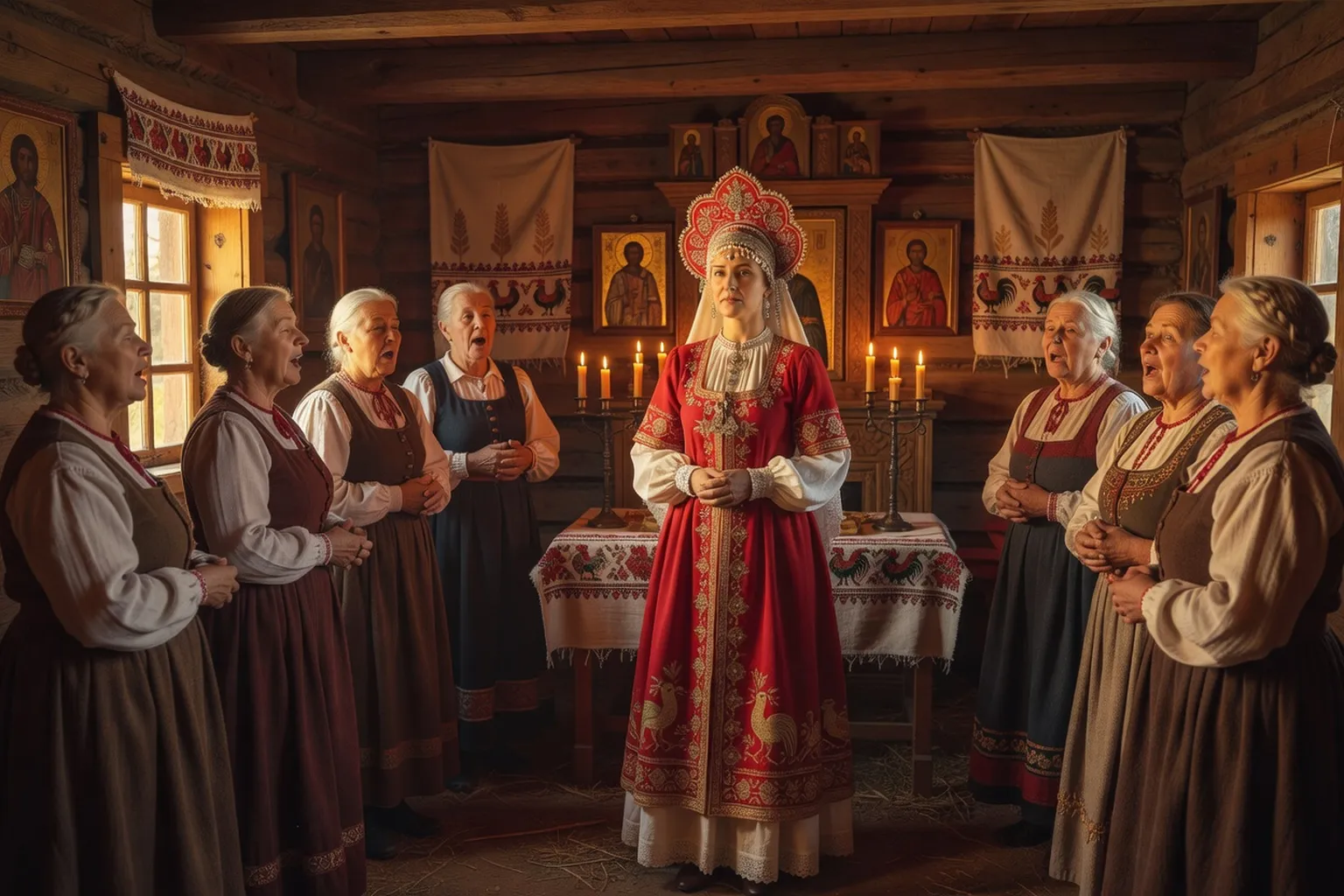 Mariée russe en costume traditionnel entourée de chanteuses dans une isba