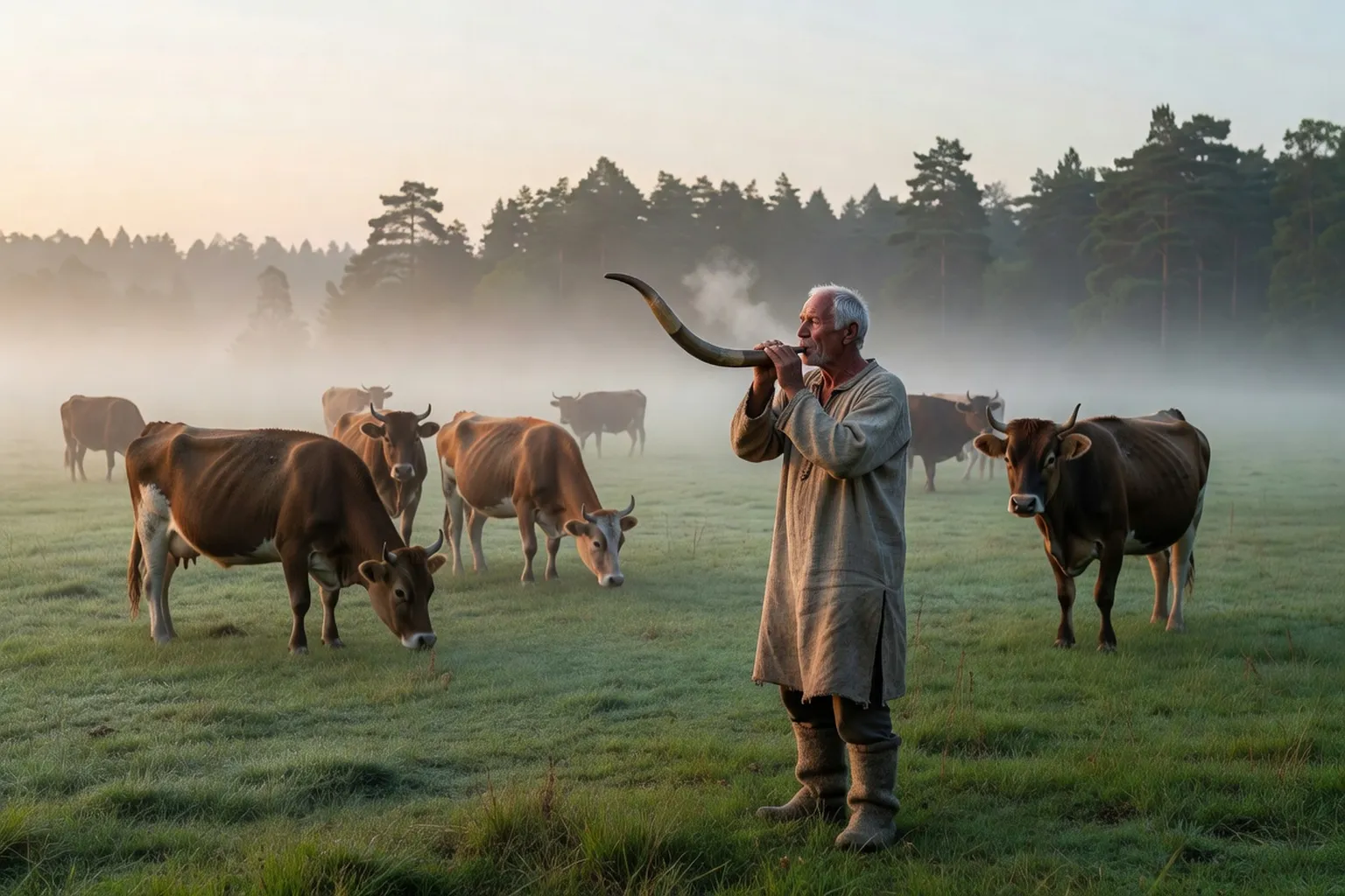 Berger lituanien soufflant dans une raga en corne dans une prairie balte