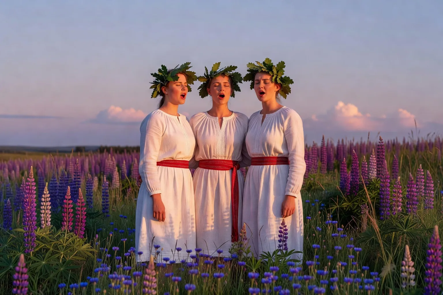 Trois chanteuses lituaniennes en costume blanc traditionnel pratiquant des sutartinės
