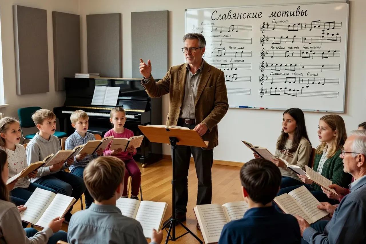 Atelier de chant slave en France — groupe autour d'un professeur avec tableau de notations cyrilliques