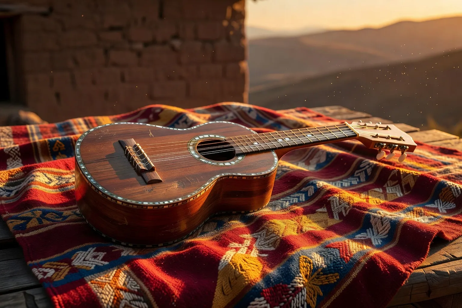 Charango andin en bois sculpté posé sur un tapis bolivien aux couleurs vives