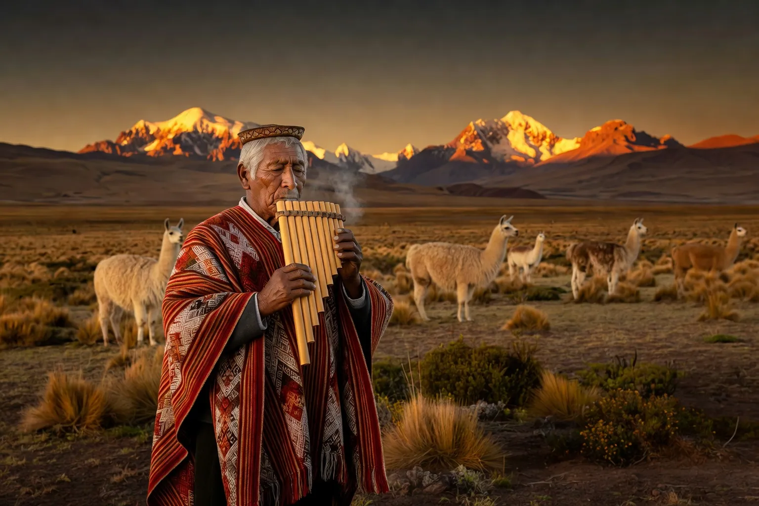 Musicien bolivien en costume traditionnel jouant de la zampoña sur l'altiplano