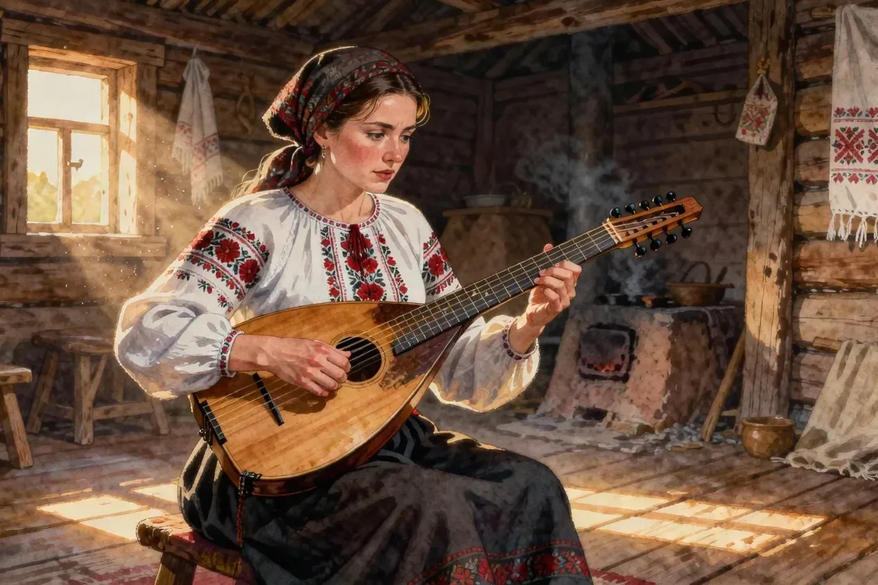 Musicienne ukrainienne jouant la bandoura dans une maison paysanne des Carpates, lumière dorée