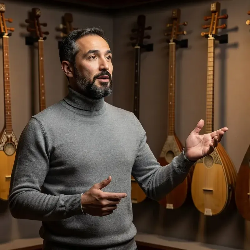 Portrait de musicologue devant des instruments à cordes d'Asie centrale, tanbur et dombra au mur