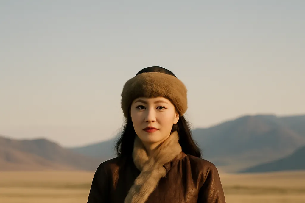 Femme touvaine en tenue traditionnelle et chapka de fourrure dans la steppe sibérienne