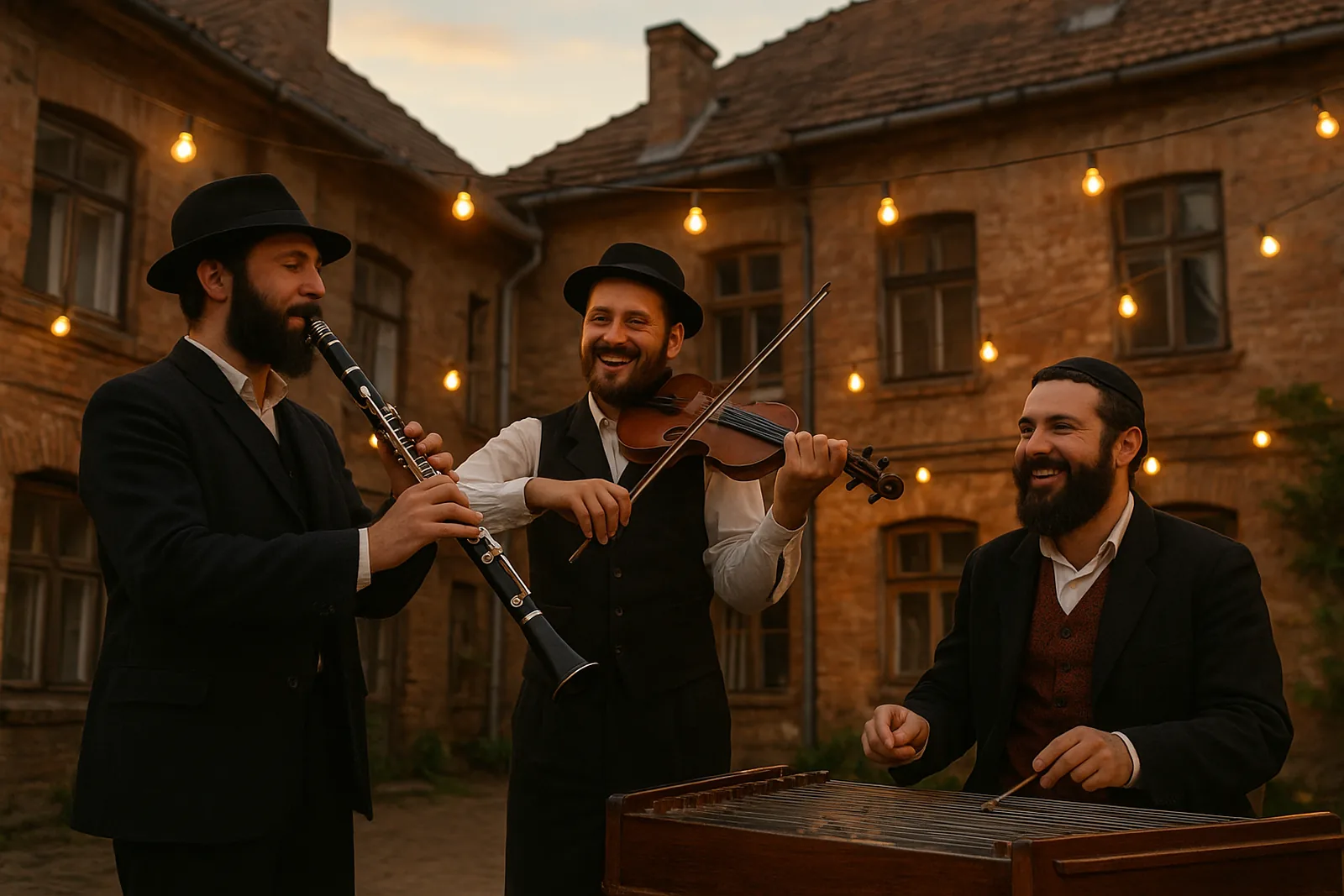 Clarinettiste et violoniste d'un orchestre klezmer jouant lors d'un mariage traditionnel en Europe de l'Est