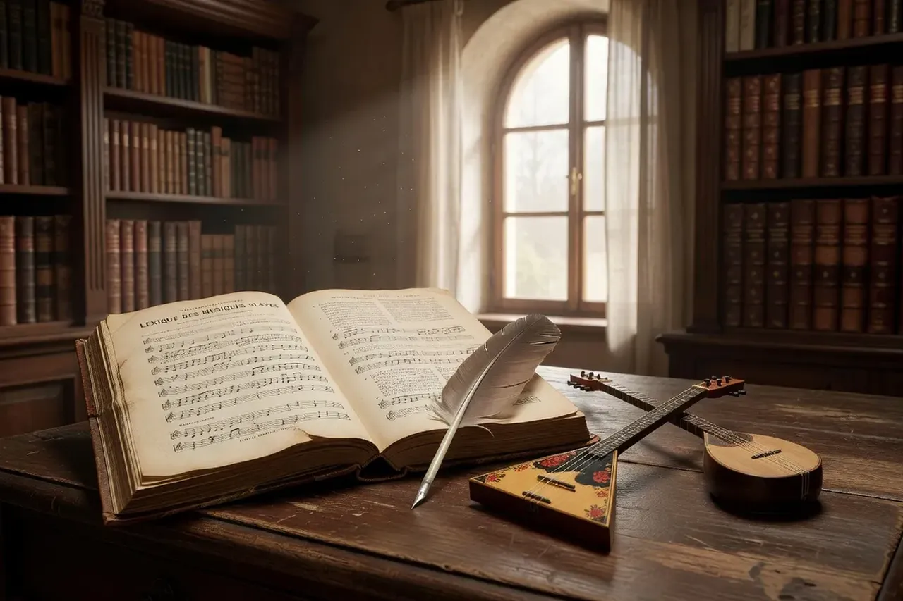 Livre ouvert 'Lexique des musiques slaves' sur bureau en bois avec instruments miniatures