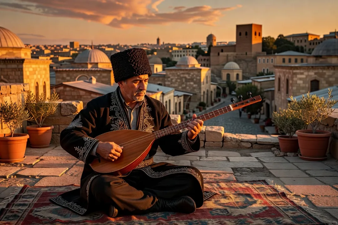 Musicien azerbaïdjanais jouant du tar lors d'un concert de mugham à Bakou