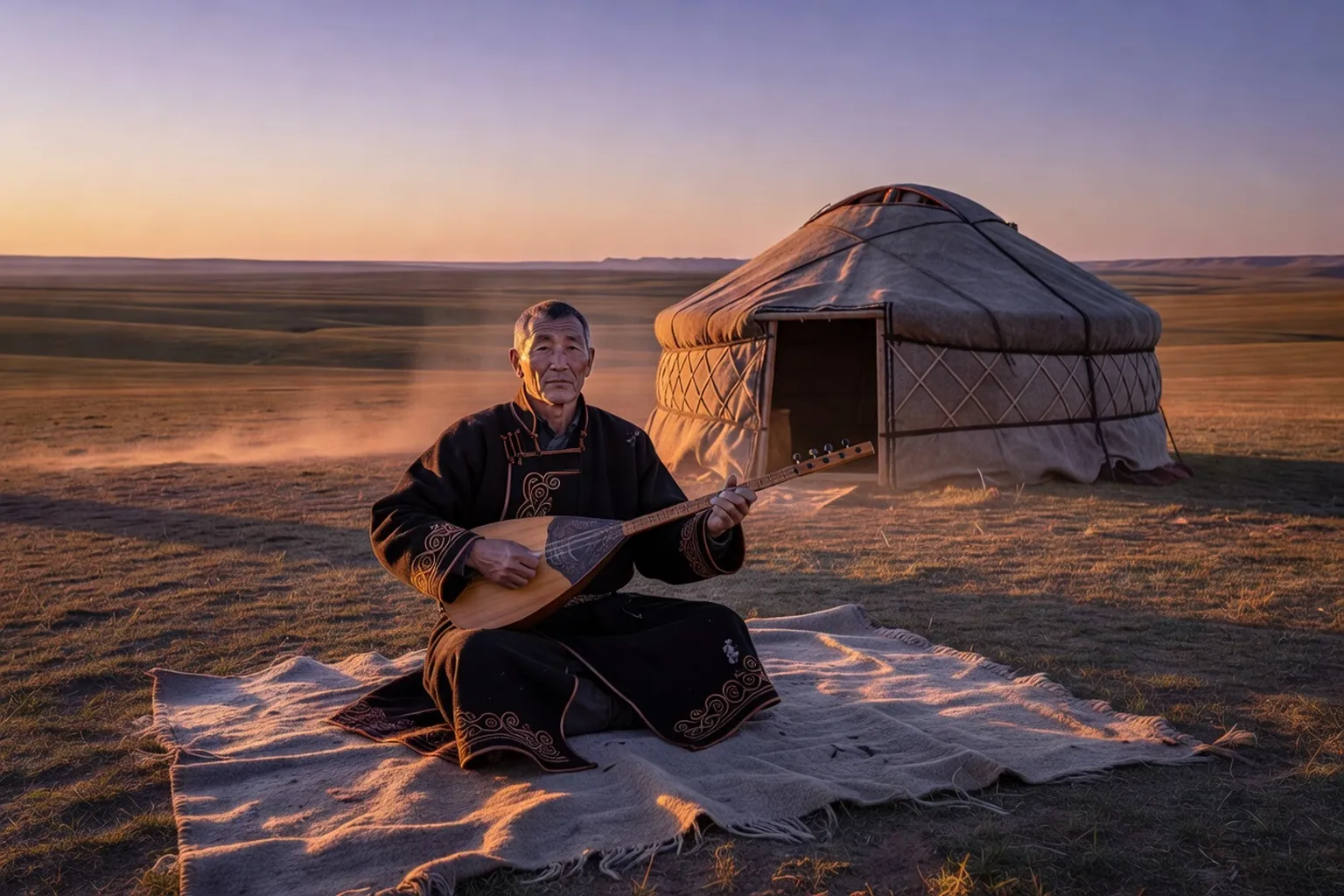 Joueur de dombra dans la steppe kazakhe