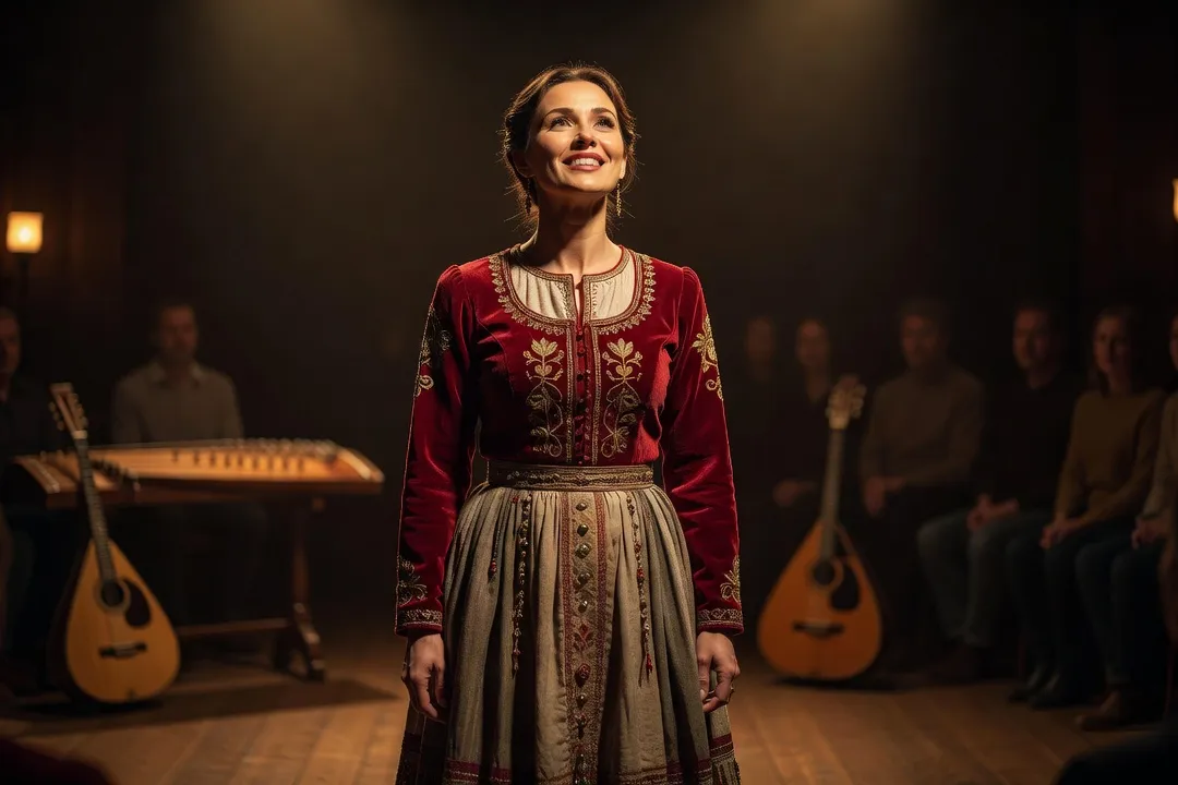 Musicienne interprétant un chant traditionnel slave en costume folklorique