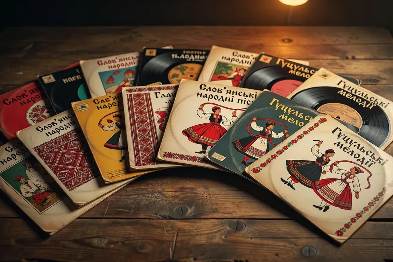 Pochettes de disques vinyle de musiques folkloriques slaves disposées en éventail sur fond bois sombre
